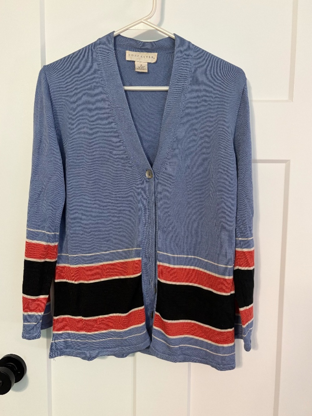 DONCASTER Women's 100% SILK Cardigan V-Neck Sweater Blue Striped M NWOT